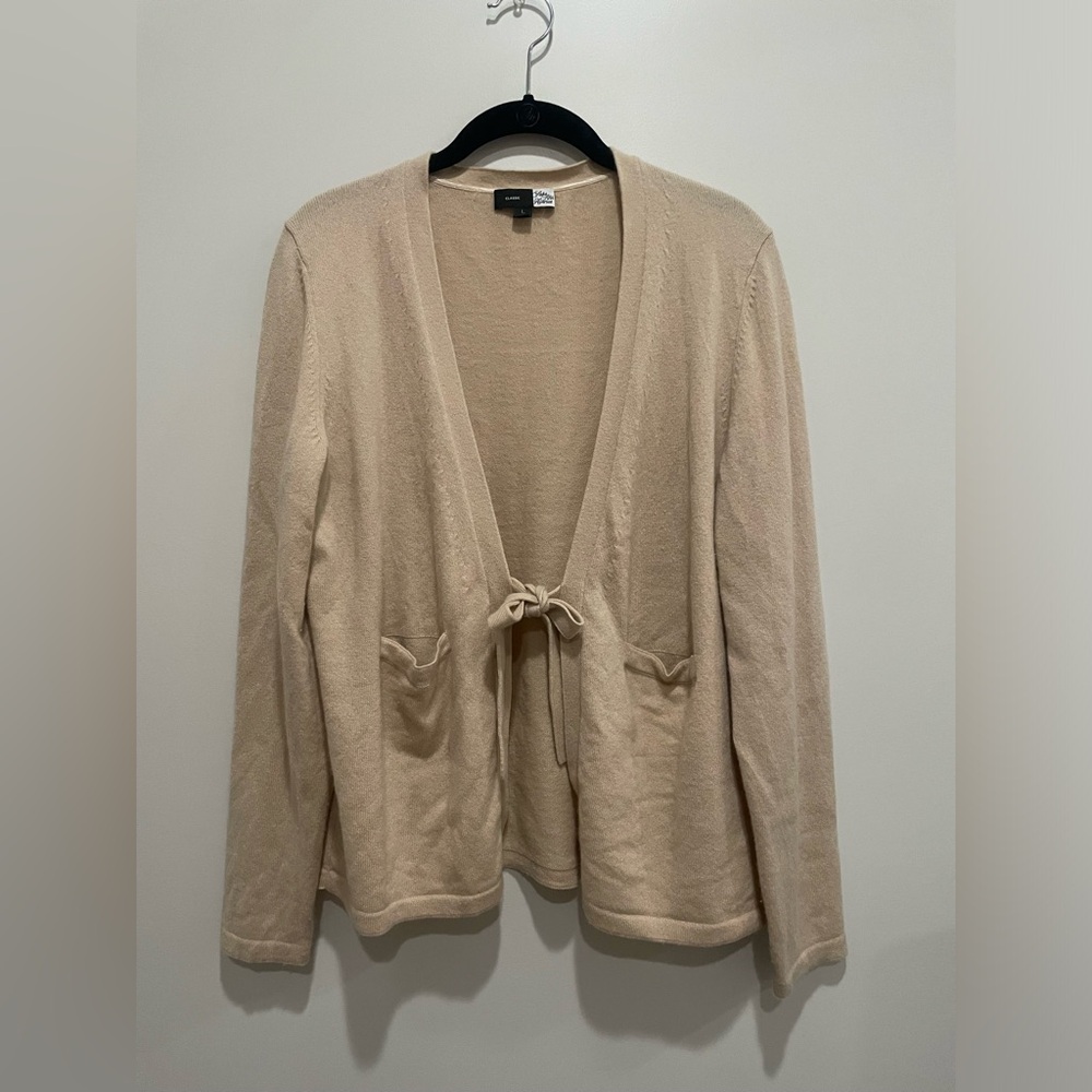 Size L Saks Fifth Avenue Cashmere Tie Front Cardigan, Beige
